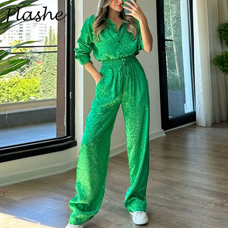 

Autumn Women Fashion Two Piece Set Turn Down Collar Button Shirt High Waist Pocket Pants Suit Female Casual Outfits