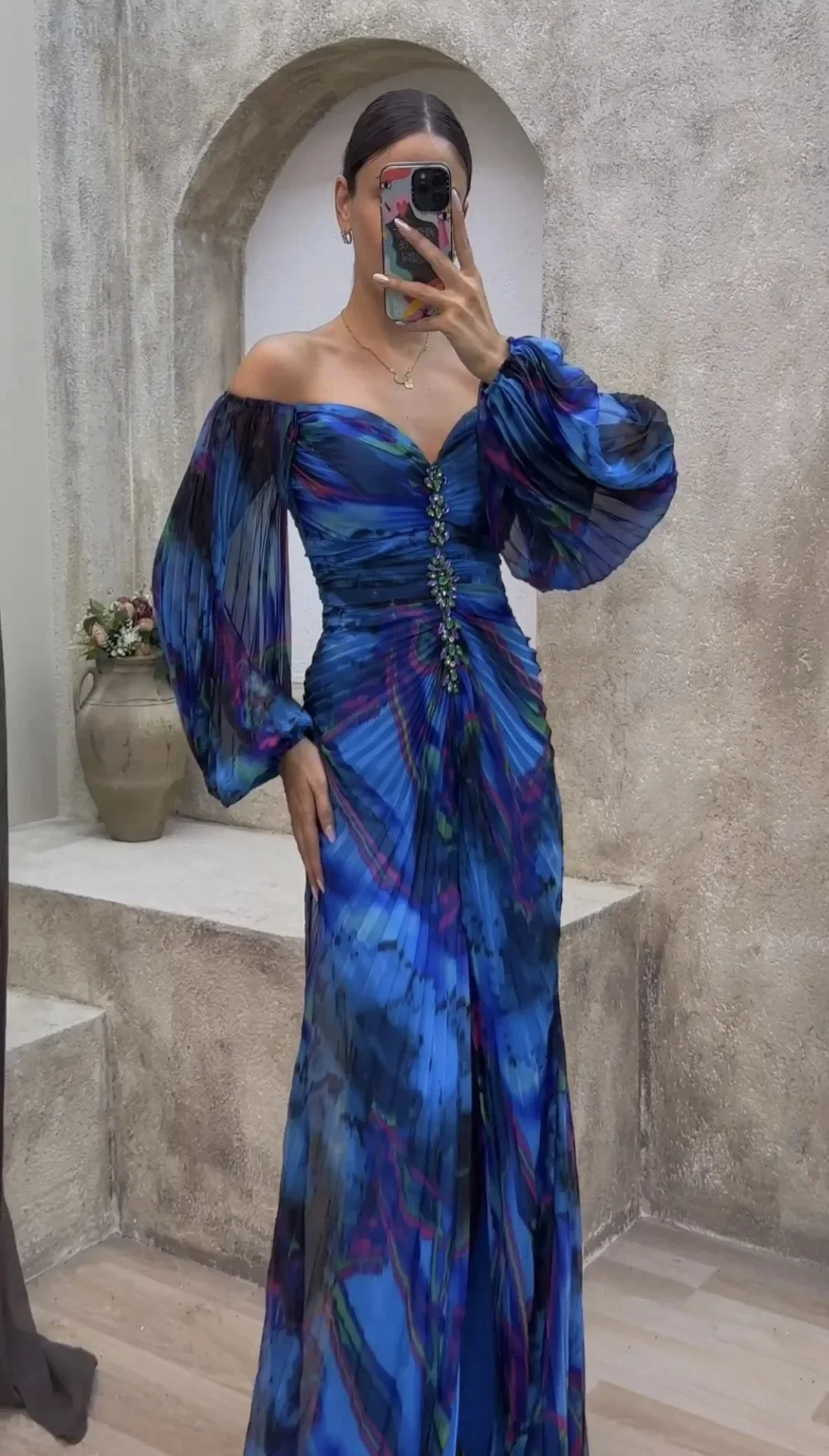 

Elegant Ruched Pleated Tie-dye Print Dress Women V Neck Long Sleeve Split Maxi Dress Summer Autumn Lady Party Evening Vestidos