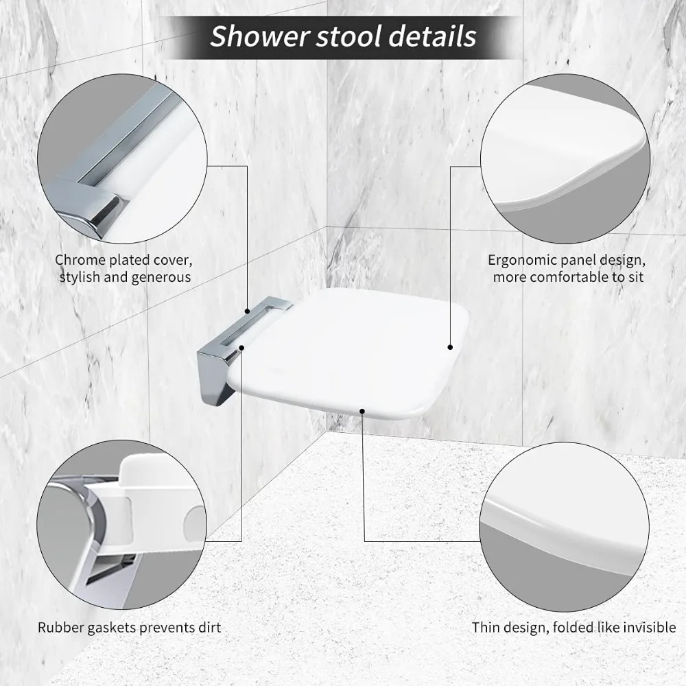 Folding Shower Chair Wall Mounted Fold Down Shower Seat 400 LB Capacity Foldable Shower Seats for Adults Elderly Disabled White 3