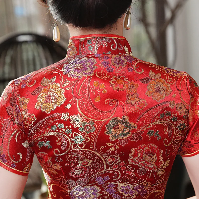 고품질 새틴 중국어 번체 꽃 Cheongsam 전통 결혼식 Qipao 여자 자수 우아한 분할 드레스 여성