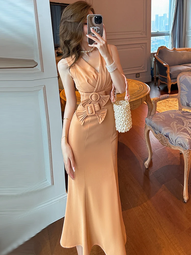 New Summer Elegant Women Evening Dress Formal Chic Bow Sleeveless Slim Midi  Party Birthday Prom Mujer Robe Femme Vestidos Fiesta - AliExpress