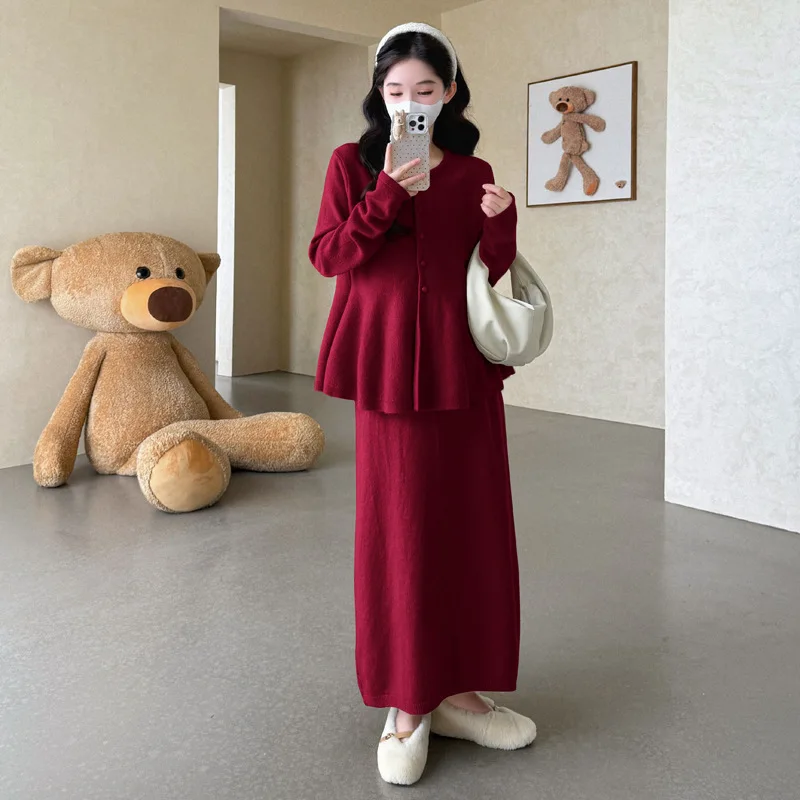 출산복 가을 겨울 빈티지 우아하고 부드러운 루즈핏 편안한 스웨터와 미디 스커트 투피스 세트 (임산부용)