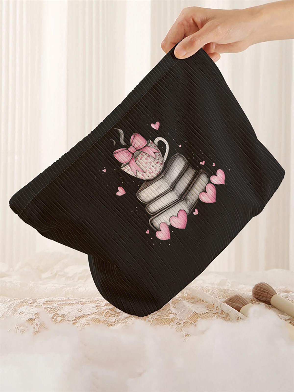1pc book pattern printed corduroy makeup bag, lightweight zipper makeup storage box, multifunctional bag with lining