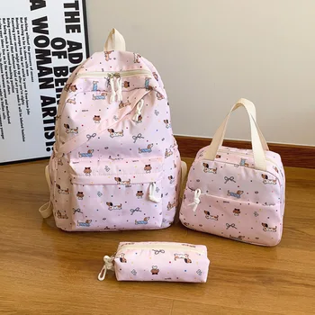 3Pcs Kawaii Dachshund Schoolbag with Handbag & Pencil Case All-Match School Bag Cute Bowknot Backpack Outdoor Rucksack 1