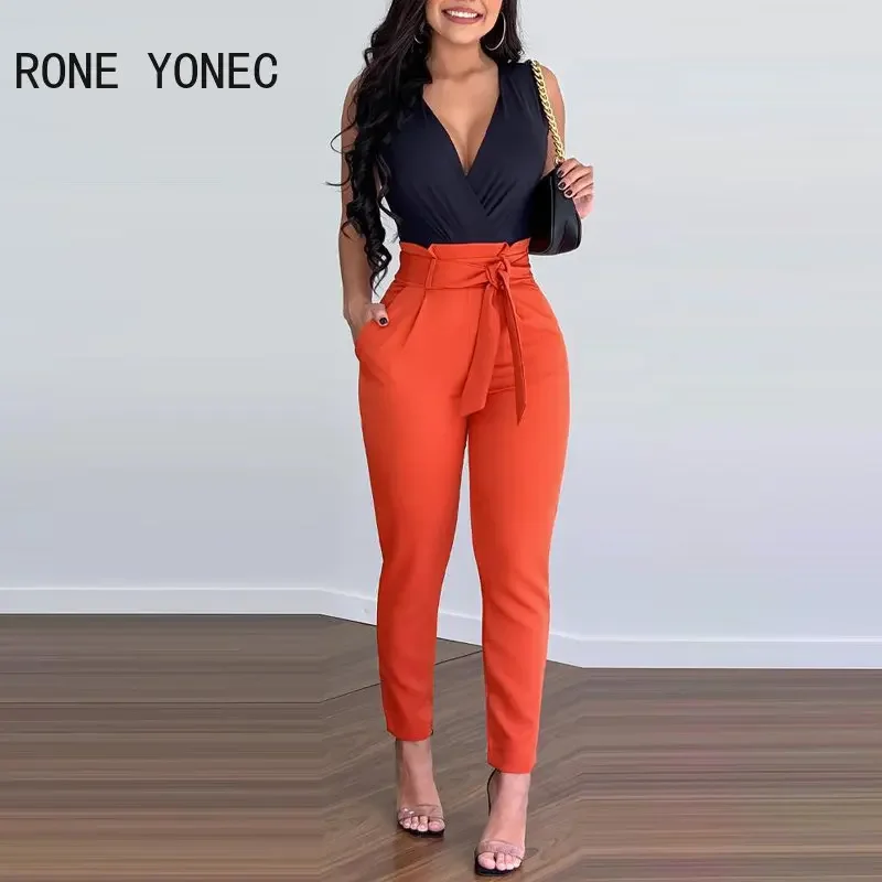 

Женская одежда 2023, боди без рукавов с глубоким вырезом и брюки с поясом, комплект из двух предметов