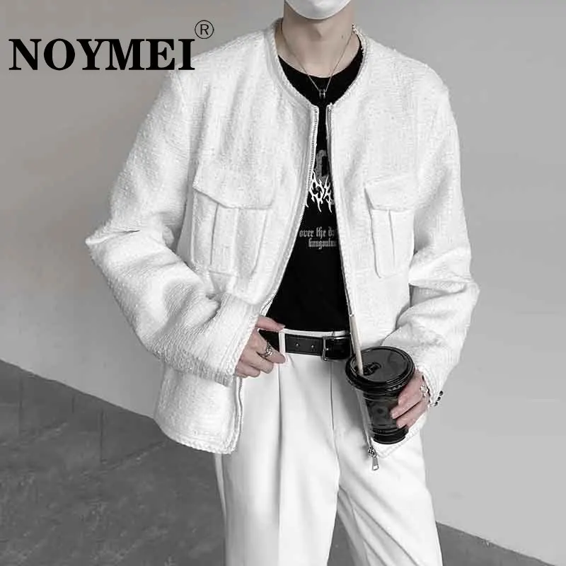 

NOYMEI White Zippered Coat All-match Men's Handsome Korean Style Loose Patch Pockets Jacket Round Neck Temperament WA3768