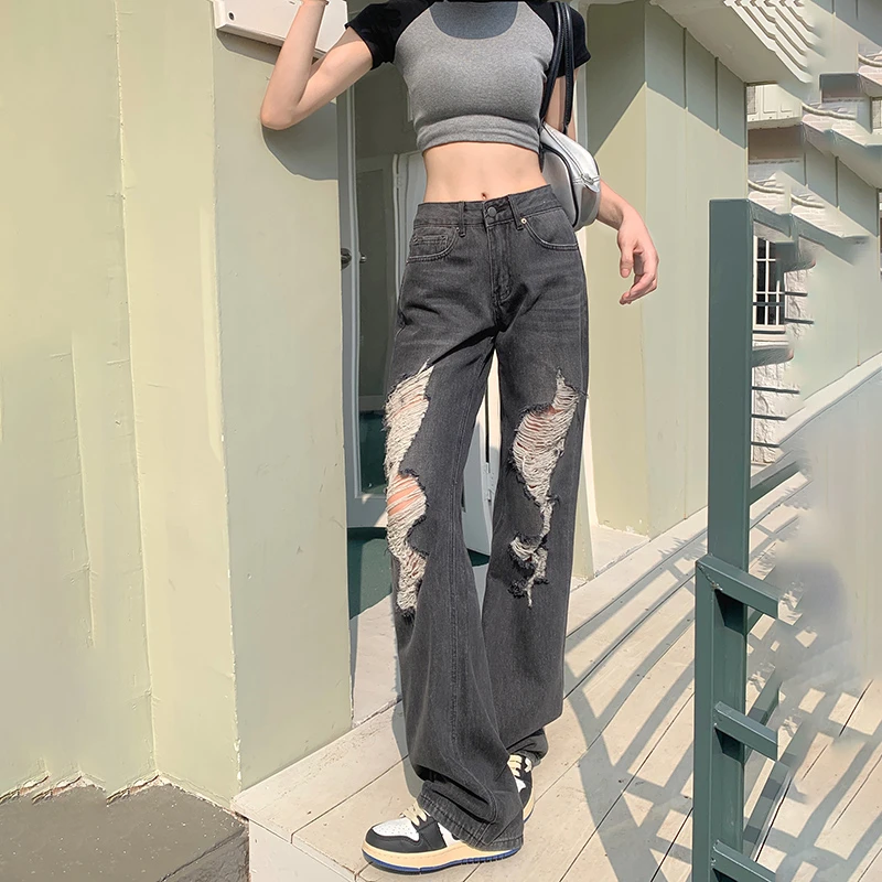 

Street Daren High Waist Narrow Edition Straight Ripped Grey Jeans Women's Slim Look Tall All-match Floor-length Trousers Ins