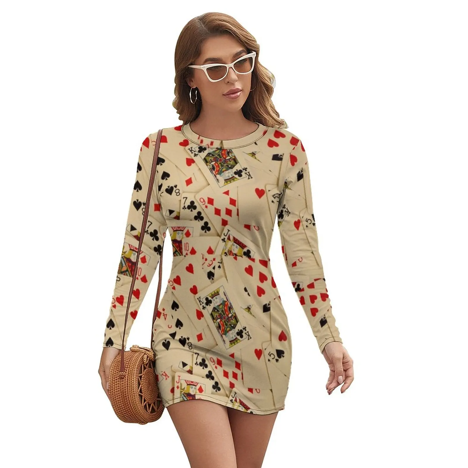 

Scattered Pack of Playing Cards Hearts Clubs Diamonds Spades Pattern Long-sleeved Dress wedding guest dress 2024 womens clothing
