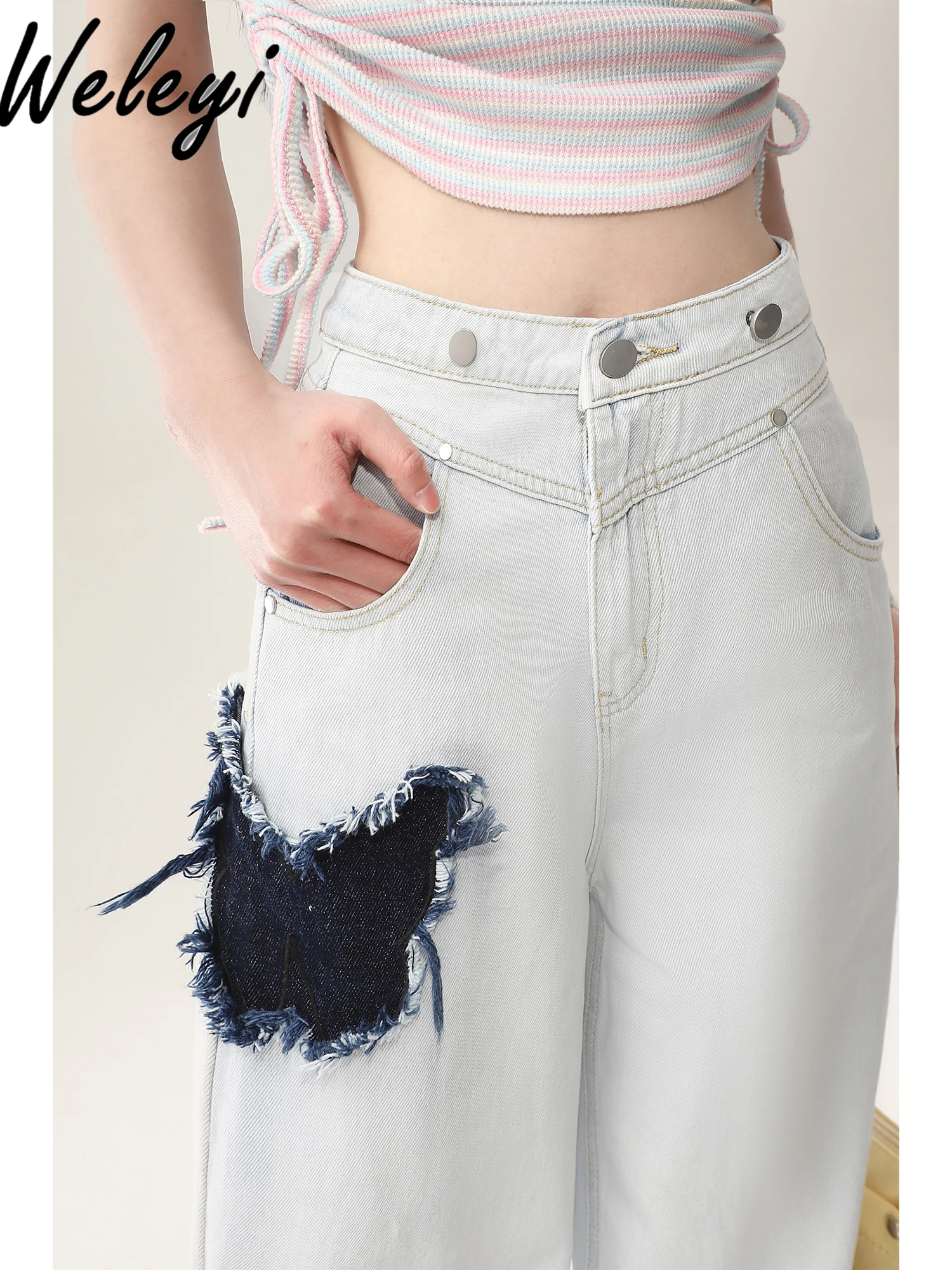 Sweet Versatile Jeans 2024 Women Spring and Autumn Cute New Light Butterfly Edge High Waist Wide Straight Leg Fashion Long Pants