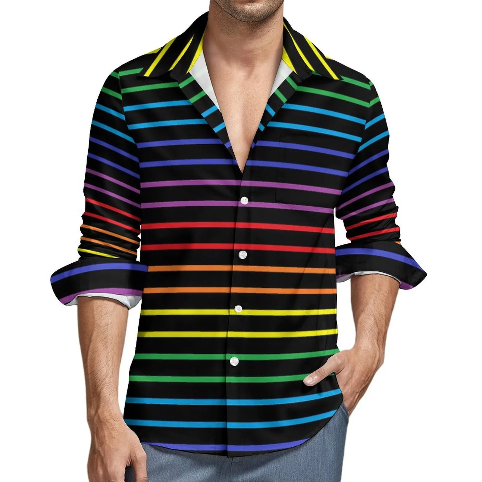 

Rainbow Stripes Blouse Men Black Lines Print Shirt Long Sleeve Cool Y2K Street Casual Shirts Autumn Design Clothes Plus Size