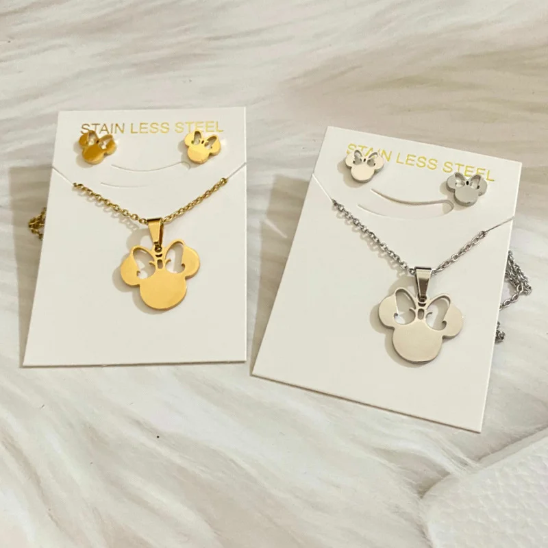 Jewelry Sets Cartoon Bowknot Mouse Stainless Steel for Women Fashion Anime Animal Necklace Earrings Party Accessories