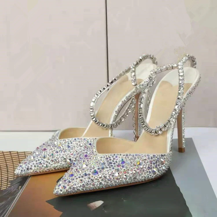 

Bling Bling Rhinestone Chains High Heels Sandals Women Pointed Toe Gladiator Full Crystal Drilled Sequins Wedding Shoes