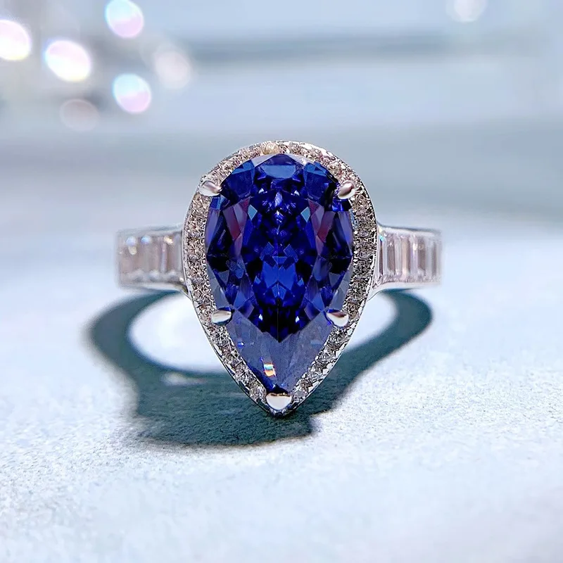 

European and American New Tanzania Blue Ring Women's 8 * 13 High Carbon Diamond Ice Flower Cut Personalized Fashion Ring