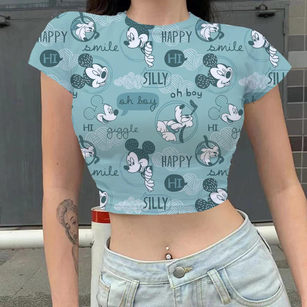 

Gothic Disney Minnie Mickey Mouse Punk Streetwear Women's Tee Summer Casual 90s Cartoon Print Short T-Shirt Y2k Slim Crop Top