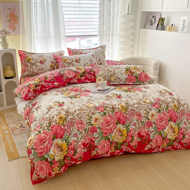 Romantic Peony Floral Duvet Cover Set Reversible Shabby Flower Comforter Cover with 2 Pillowcase Vintage Farmhouse Bedding Set