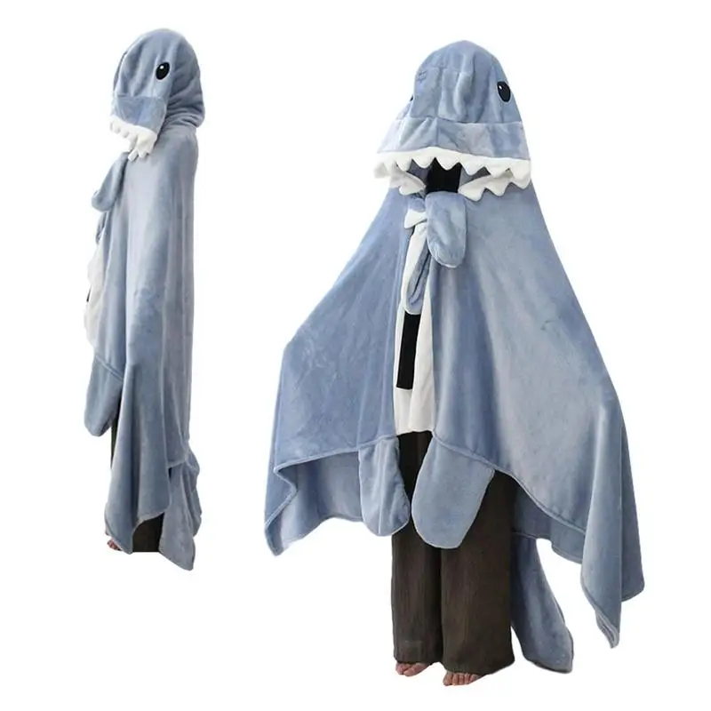 

Одеяло для взрослых в виде акулы, предназначенный для носки, шаль, костюм, удобное одеяло с капюшоном, шаль для сна, шаль, искусственная кожа, голубая акула, шаль