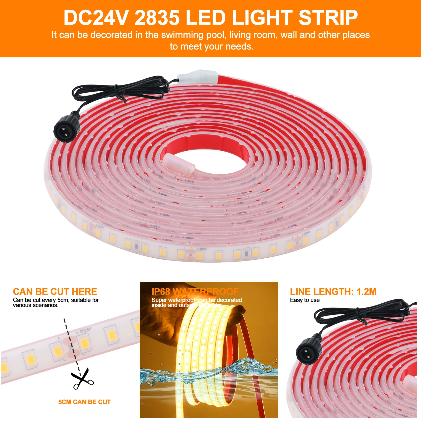 DC 24V 태양광 발전 LED 스트립 녹색/아이스 블루/옐로우/핑크/화이트/레드 IP68 방수 야외 안뜰 정원 장식 조명