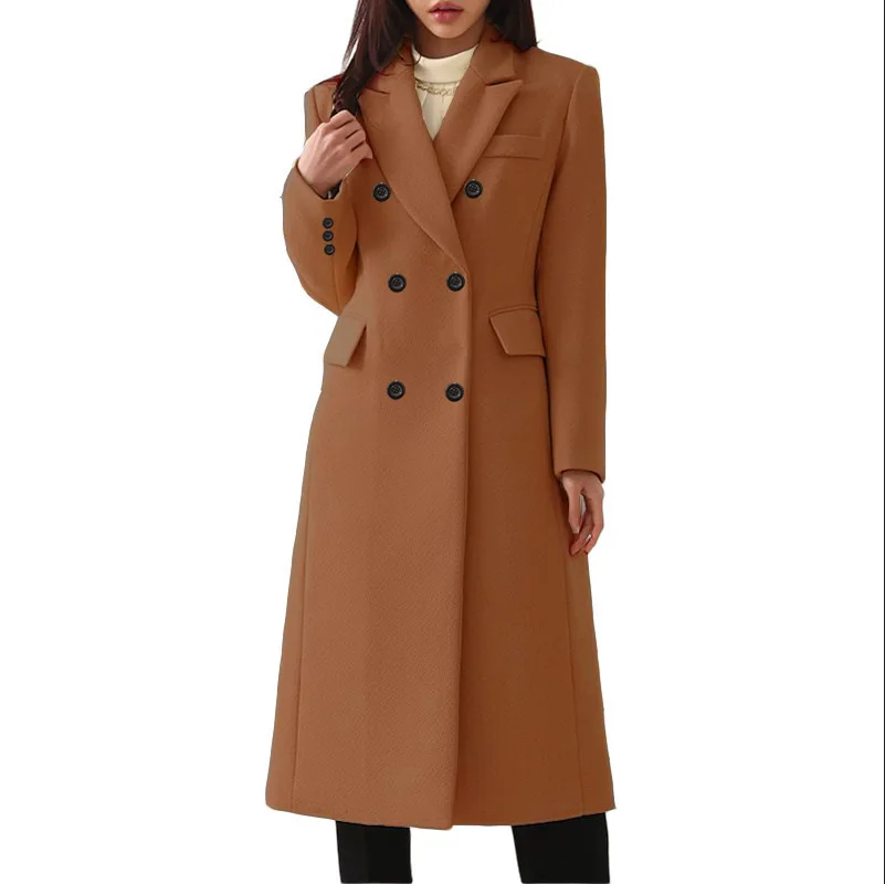 Autumn Winter Ladies Long Trench Coat Jacket Causal Female Women Solid Double-Breasted Woolen Outwear Overcoat Capes Plus Size