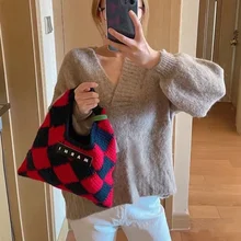  Chic Handbags Knitting Diamond Lattice Design Handheld Tote Bags For Women Casual Women's Versatile Bags Beach Vacation Bags 