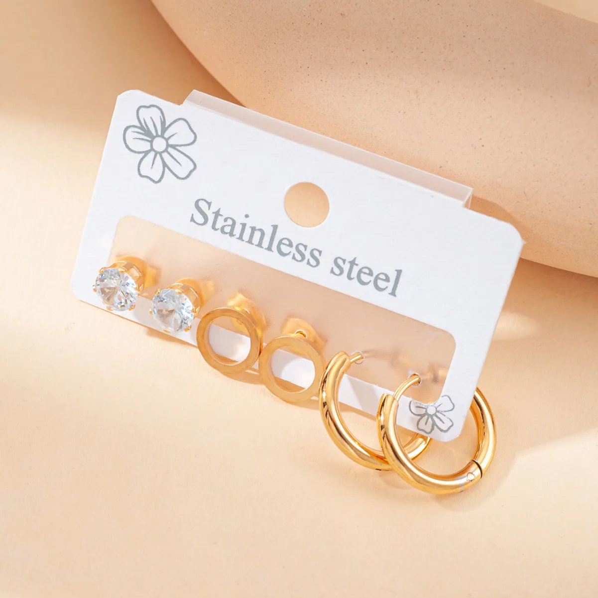 Luxury 316L Stainless Steel 3pair/set Zircon Stud Earring for Women Simple Jewelry Gifts 3