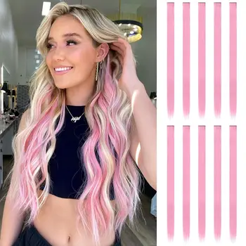 Clip per estensioni dei capelli da 22 pollici, 6/12 pezzi Estensioni dei capelli rosa Estensioni dei capelli colorati Punti salienti del partito Capelli sintetici lunghi