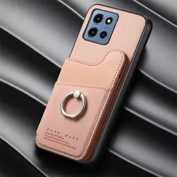 Elegant Double Button Magnetic Leather RFID Card Holder Wallet Back Case for Moto Edge 70 (Pink)