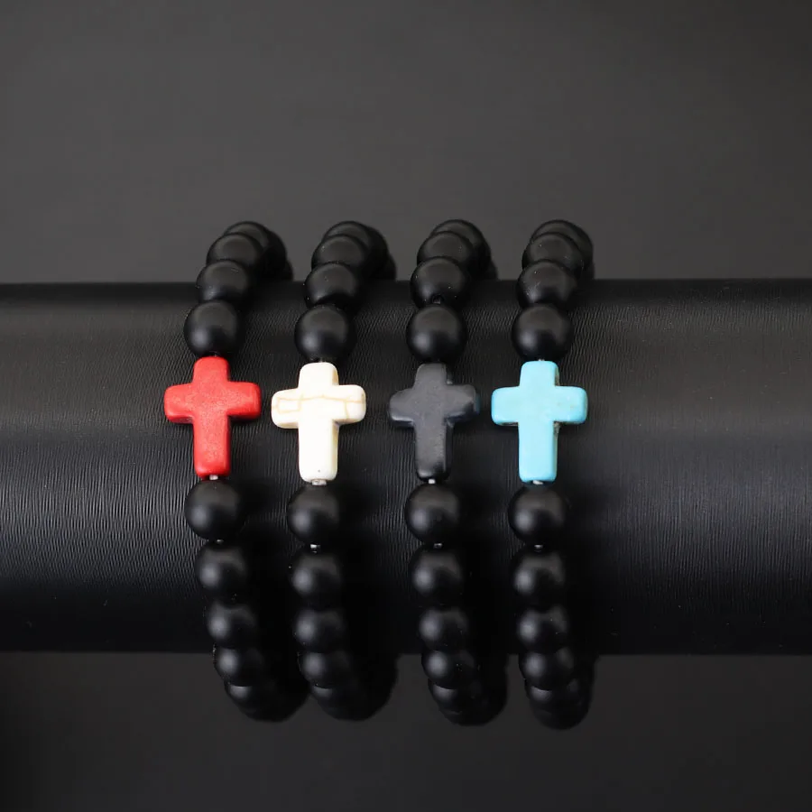 Men Onyx Stone Cross Bracelet 8mm Strand Beach Casual Accessories