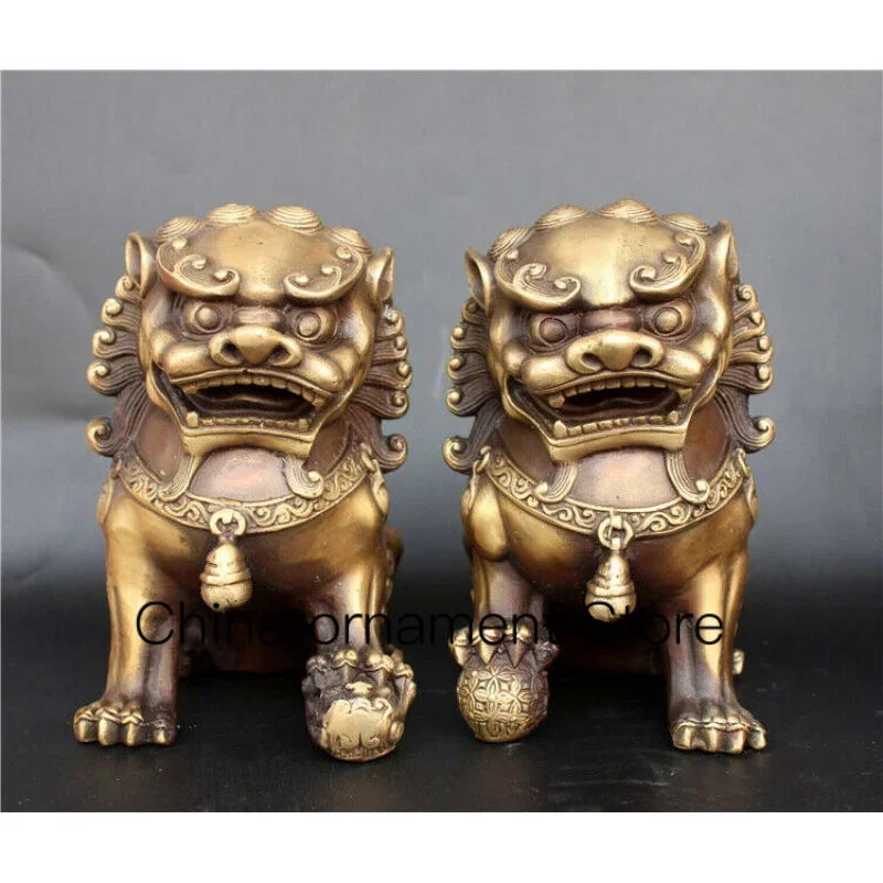Bronzo Antico Fu Foo Dog Lion Statue China Old Archaic Guard Guardian Pair 11Cm