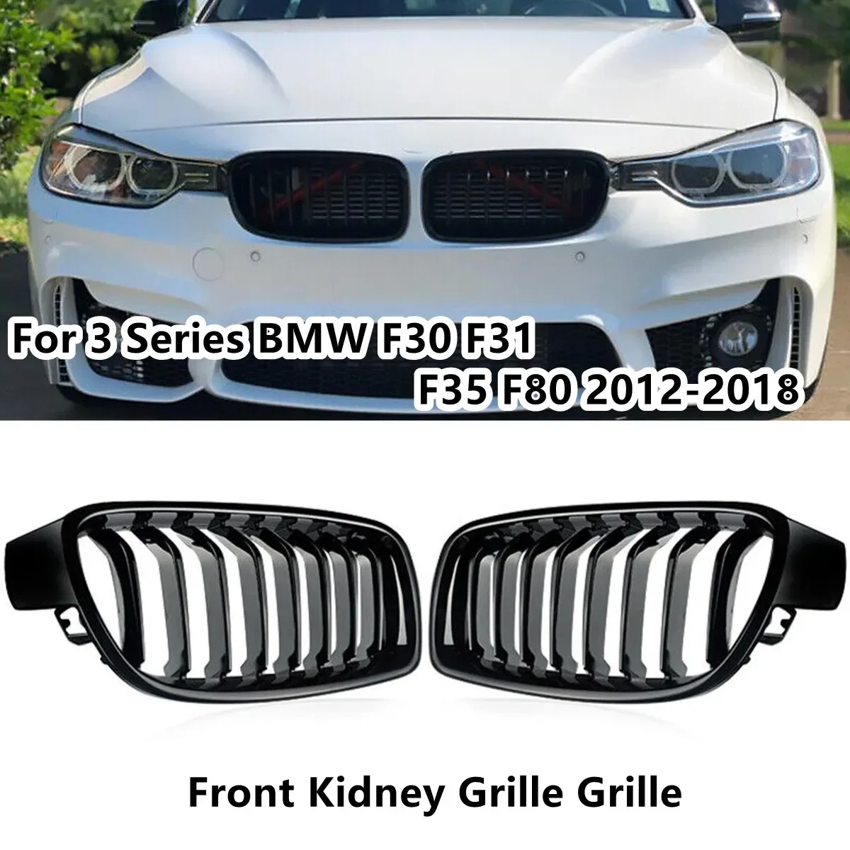 Pair Glossy Black Car Front Kidney Single Slat Grille Grill M Style For BMW 3 Series F30 F31 F35 F80 2012-2018 Racing Grilles