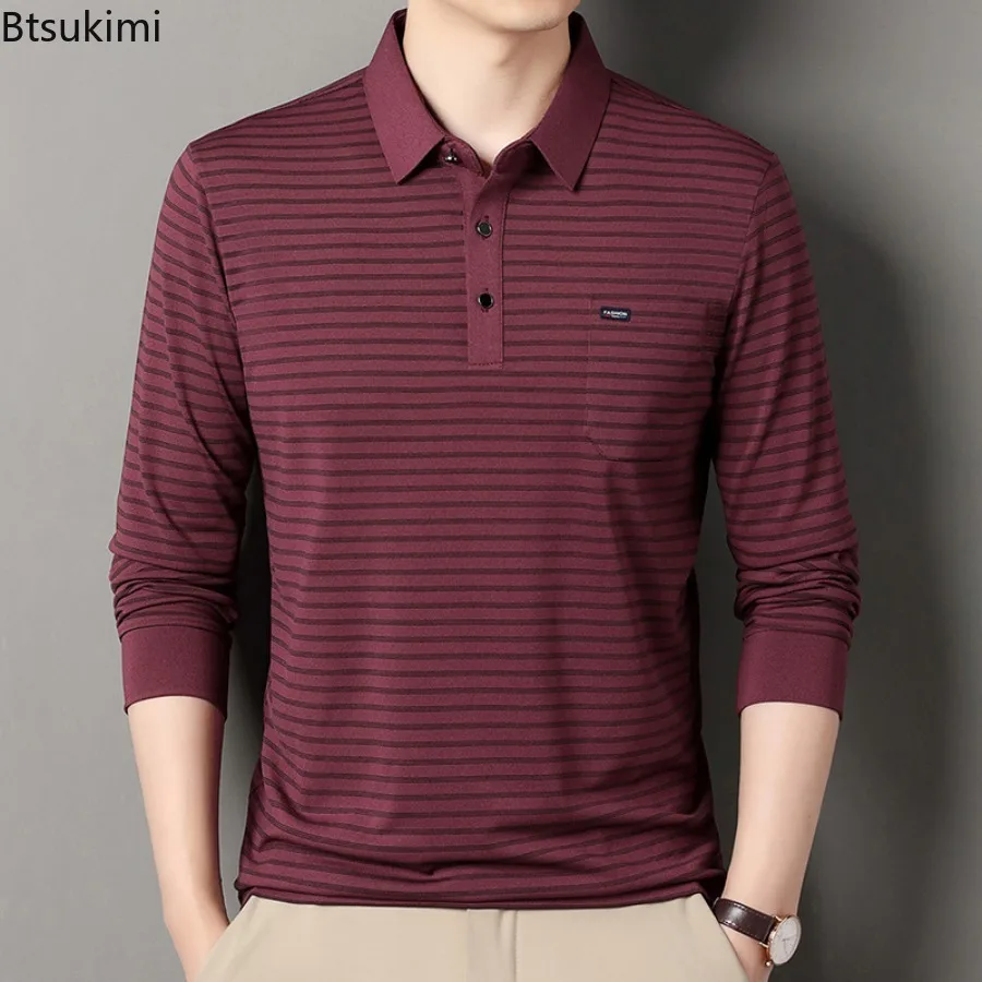 2025 Polo a maniche lunghe casual da lavoro dei nuovi uomini Camicie a righe moda primavera autunno Top versatili comodi e traspiranti - immagine 2