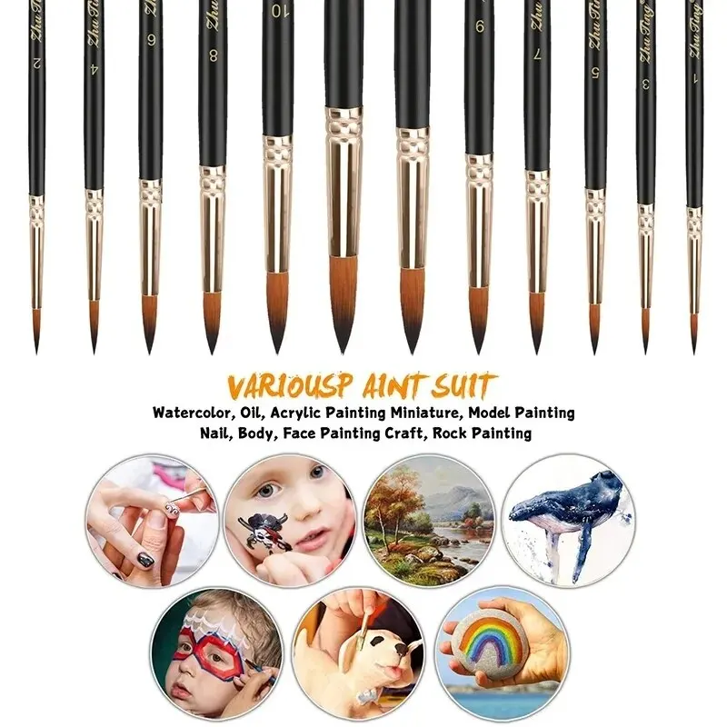 12pcs Professional Watercolor Paint Brushes Set Round Pointed Tip Nylon Hair Artist Acrylic Brush For Acrylic Watercolor Oil