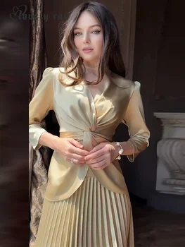Fashion Satin Tops Skirts Set Women's Solid V-Neck Long Sleeve Ruched Top High Waist Pleated Skirt 2025 Summer Lady Elegant Suit 1