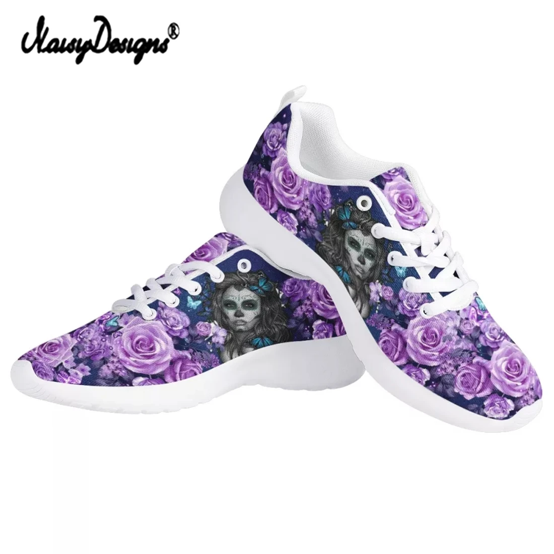 

Noisydesigns Rose Flower Sugar Skull Girl Painting Fashion Shoes Comfortable Mesh Women Flats Sneakers Lace-up Soft Running Shoe