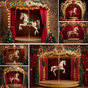 Mocsicka Red Christmas Carousel Background Photography Glitter Xmas Tree Gift Backdrop Decor Kids Winter Birthday Photo Studio