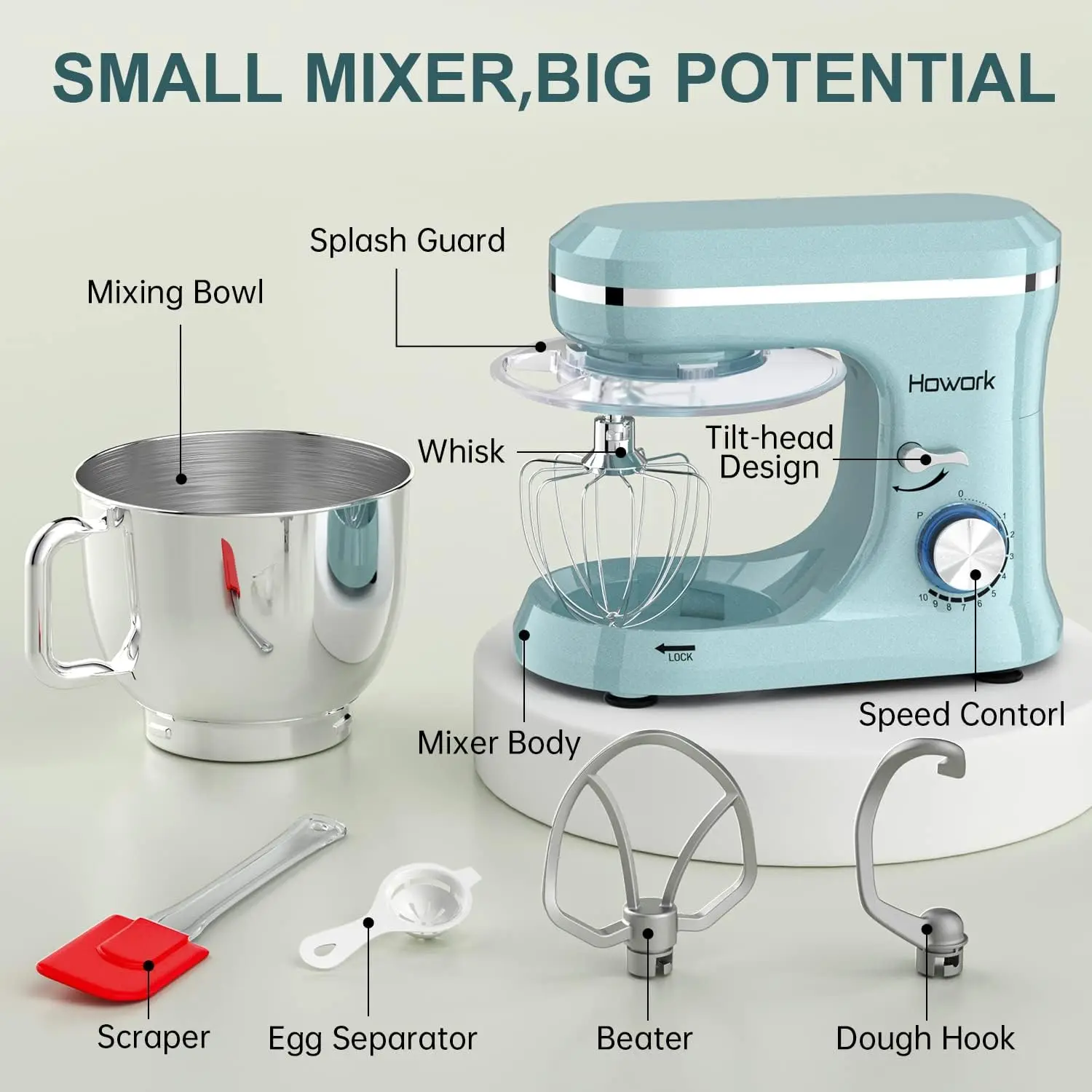 Electric Stand Mixer,10+p Speeds With 6.5QT Stainless Steel Bowl,Dough Hook, Wire Whip & Beater,for Most Home Cooks,Blue 2