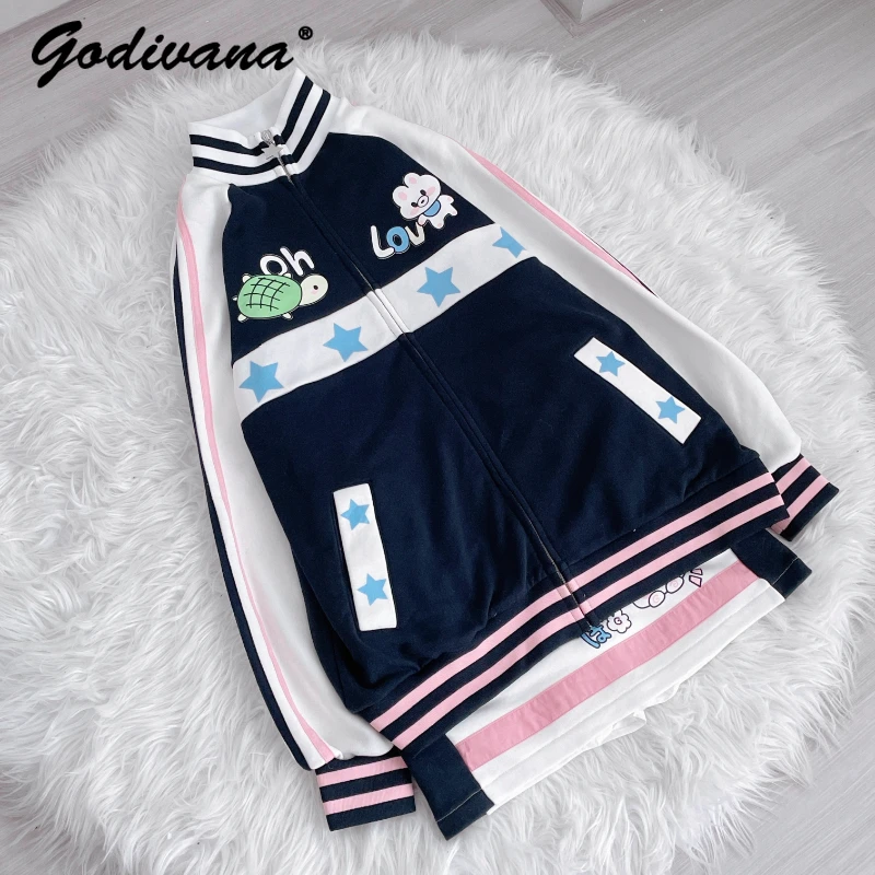 

Kawaii Stars Animal Printing Ribbon Stand Collar Student Sports Suit Spring and Autumn Girls Zip Hoodie Coat and Short Skirt