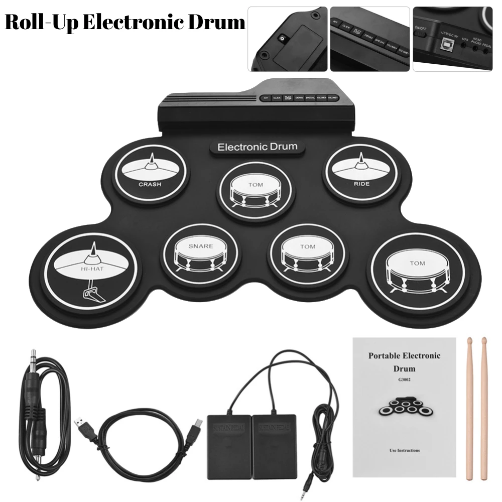 Roll Drum Kit Folding Music Drums Hand Roll USB Electronic Silicon Drum Practice Drums Kit 7-Pad Drumsticks Sustain Pedal portable drum pad virtual drum kit