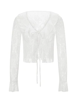 Women's Summer Lace Crop Tops Flare Long Sleeve Tie Front Sheer Cardigan Clubwear 1