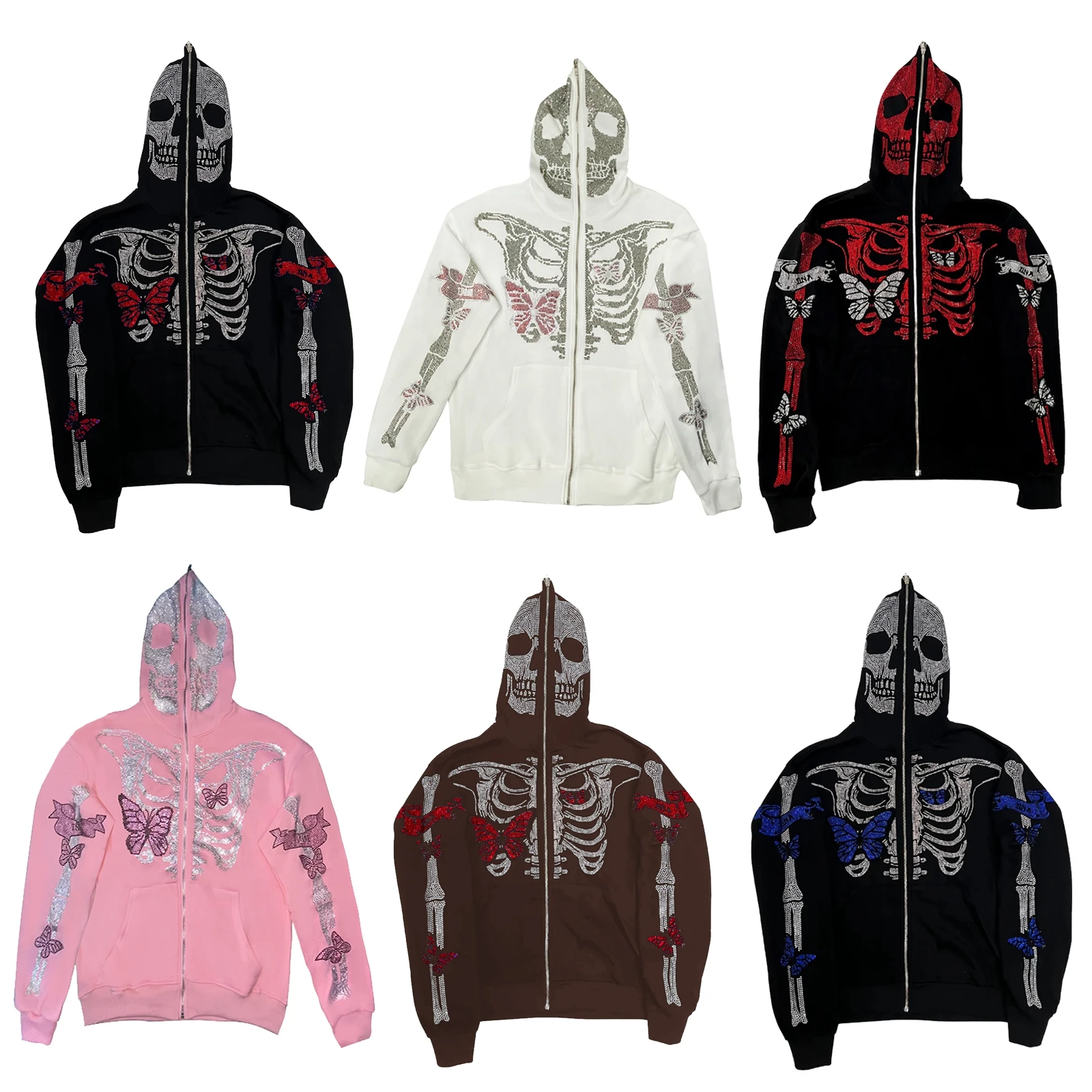 リッキー商会 Rhinestone Butterfly Skeleton Hoodie Y2k Full Zip Up Hoodies