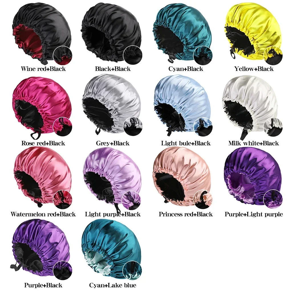 Satin Bonnet Adjustable Double Layer Satin Bonnet Nightcap Doubleside Women Round Shower Caps Night Sleep Polyester Hat Solid Black Lining
