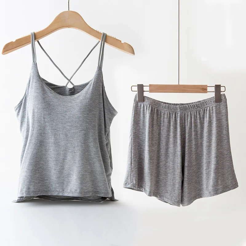 Sexy Bra Sling T-Shirt Shorts Set New Modal Comfortable Nightwear Chest Pad Pajamas For Women Conjuntos De Pijama Home Suit