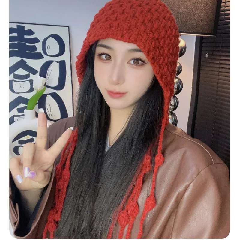 Autumn and Winter Handmade Fashion Tassel Thickened Warm Wrapped Head Cap Female Ear Protection Strapped Cap Knitted Wool Hat