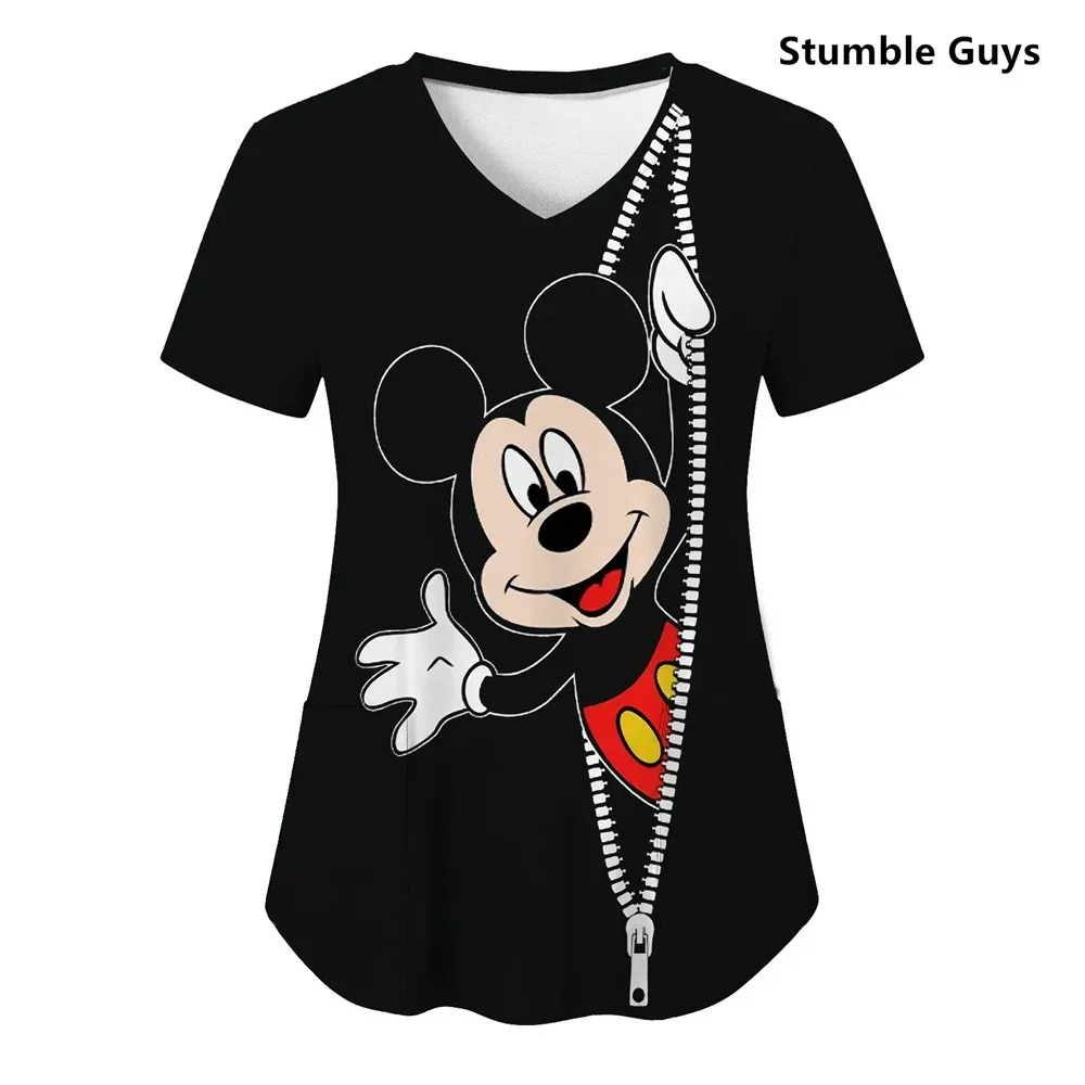 

Summer Minnie Mouse T-shirts Nurse Uniform V Neck T-shirt Mickey Top Women 2024 Pocket Woman Clothes Hospital Tops Stitch Tees