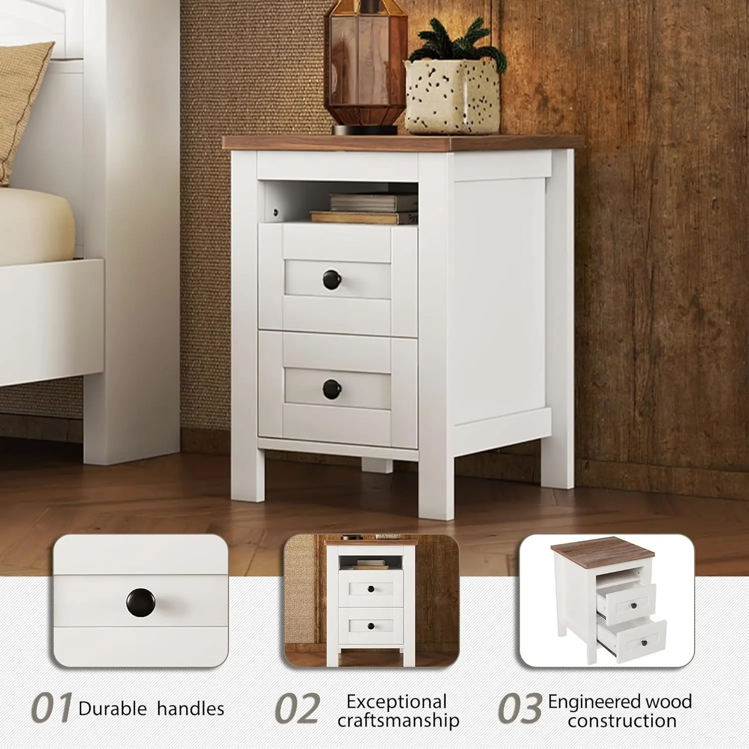 3-Piece Farmhouse Queen Bedroom Set – Bed & Storage Nightstands 6