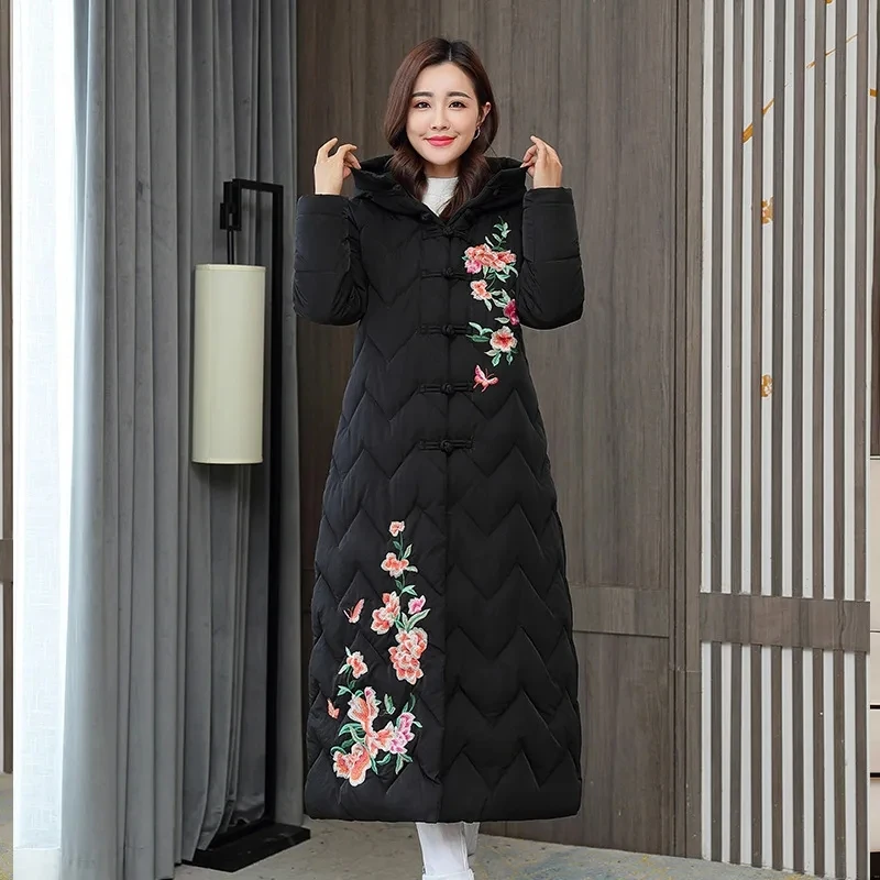 

Women Parka Hooded Embroidered X-long Loose Cotton Padded Coat Chinese National Jacket Thicken Warm Snow Wear Clothing