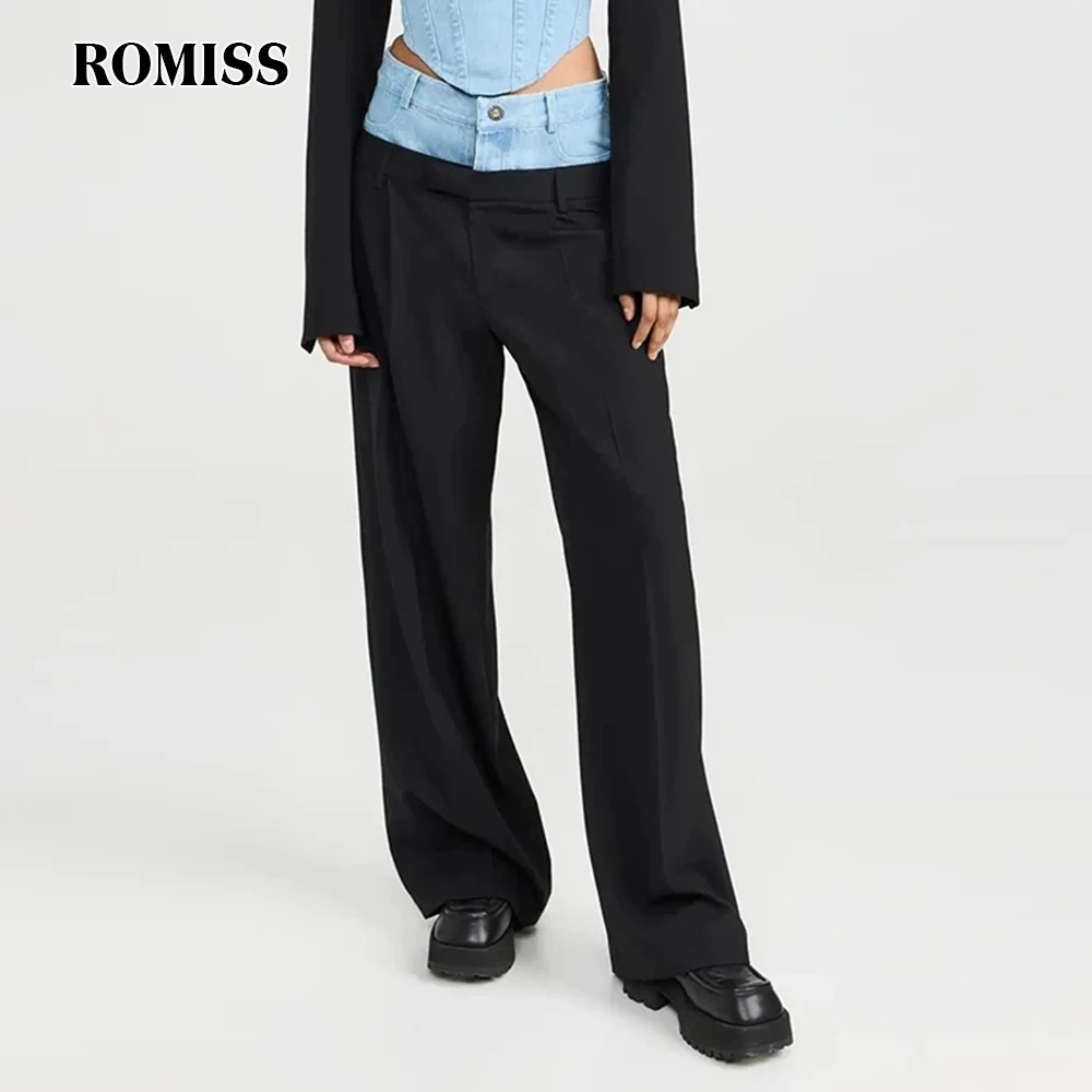 

ROMISS contrasting stitching denim casual straight pants women's high -waisted stitching buttons loose wide -leg pants new