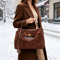 Sac à main en daim et cuir véritable pour femmes, sac à bandoulière de grande capacité, fourre-tout simple, sac de luxe de styliste, automne hiver 2025 1