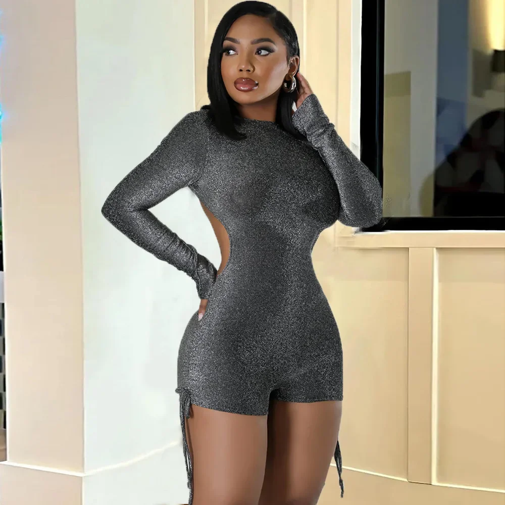 

Shiny Women Bodycon Romper Zipper Backless Long Sleeve O Neck Playsuit 2024 Spring Fashion Clubwear Sexy One Piece Suit Clothing
