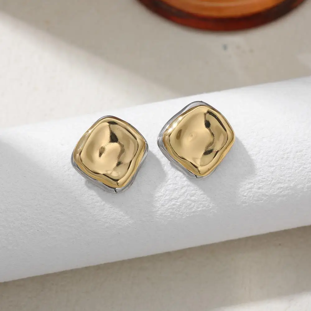 Creative Double Square Two-color Stud Earrings Stainless Steel 18K Gold Plated Statement Earring Thick Polished Chic Jewelry New
