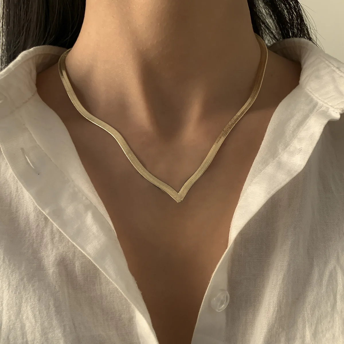 Fashion Herringbone Women's Neck Chain Gold Silver Elegant Thin Metal Necklace for Women Snake Modern Steel Stainless Jewelry |